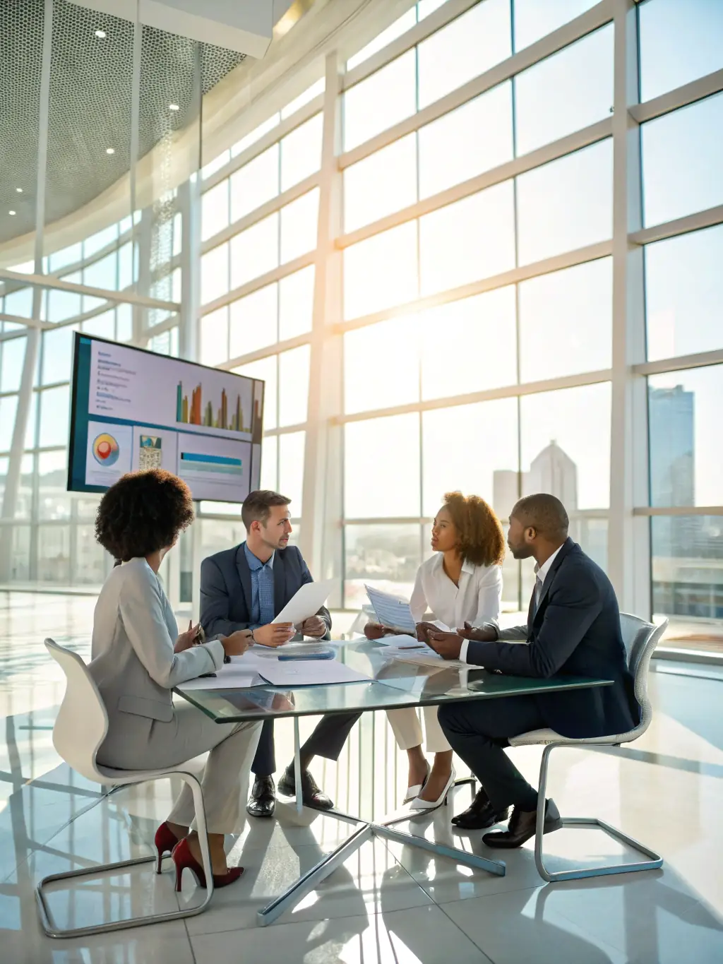 A diverse group of business professionals collaborating around a table, brainstorming and strategizing for business growth.