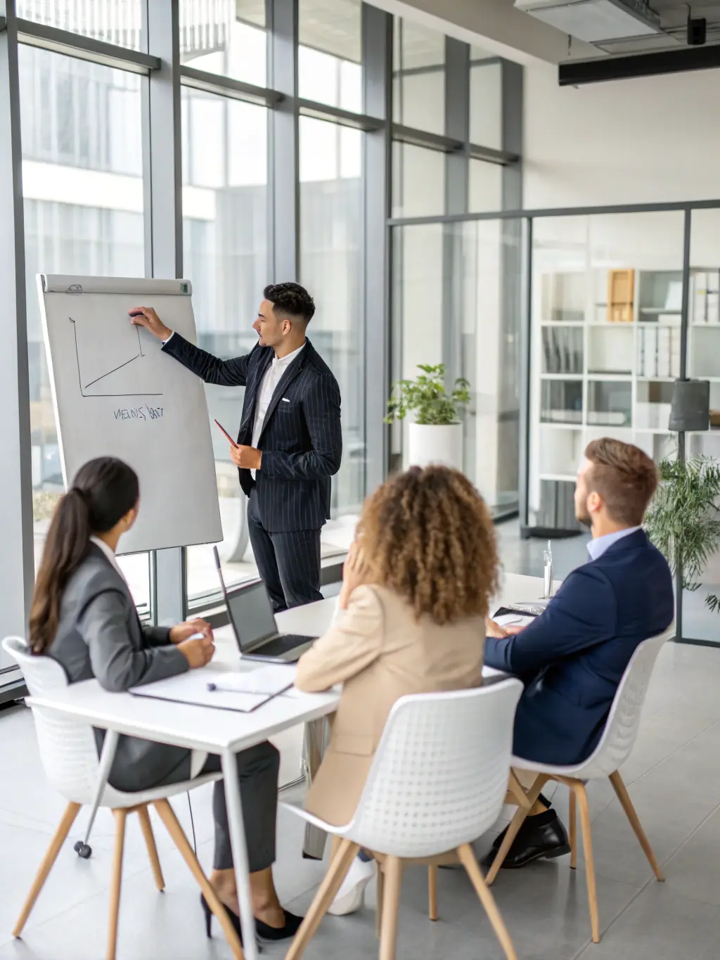 A person confidently presenting a business proposal to a group, showcasing leadership and persuasive communication skills.