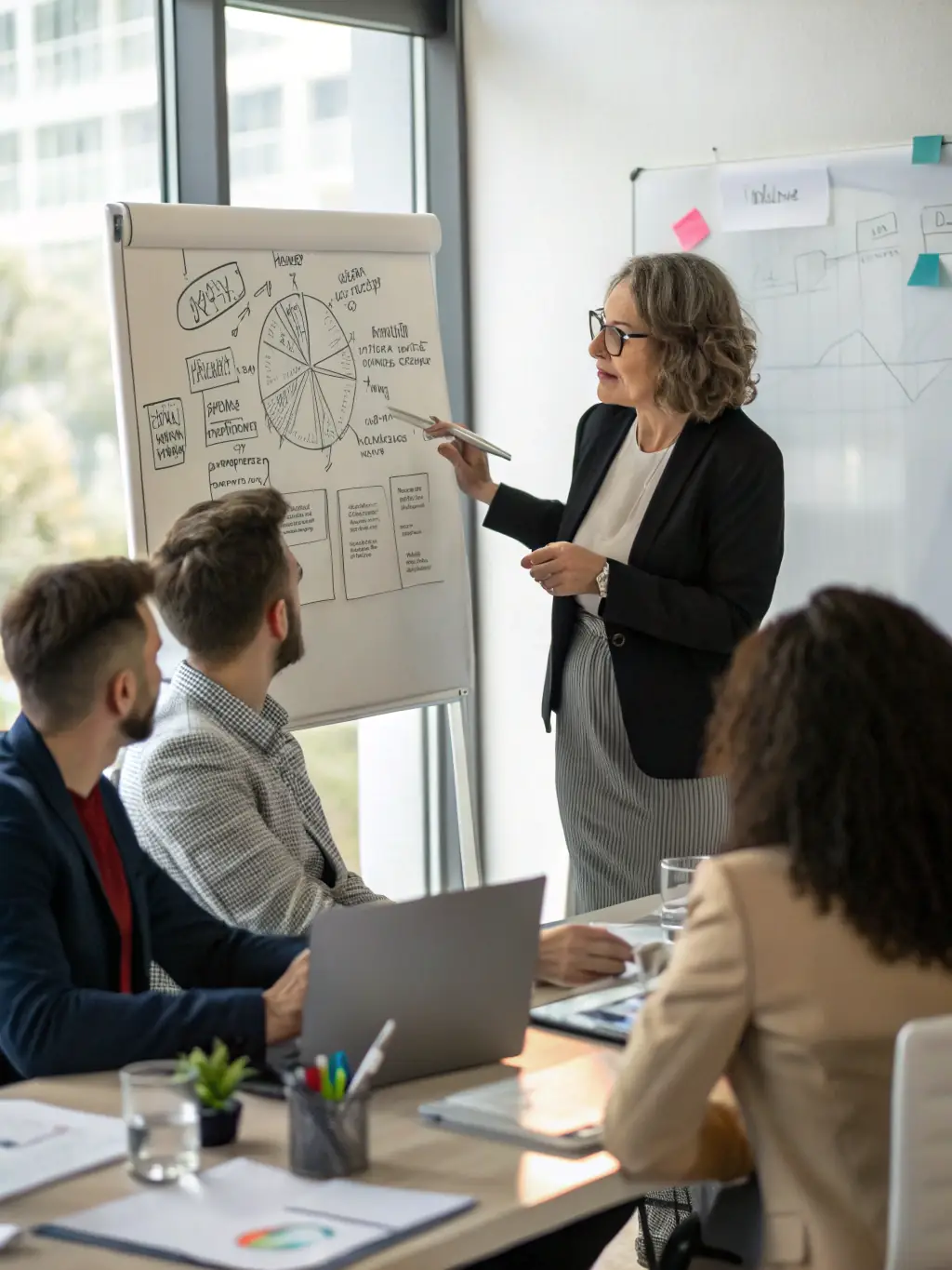 A person confidently presenting a business plan to investors, showcasing strategic thinking and financial acumen.