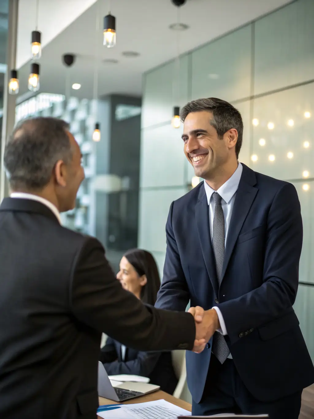 A confident business leader shaking hands after a successful deal, with a cityscape visible through the office window.
