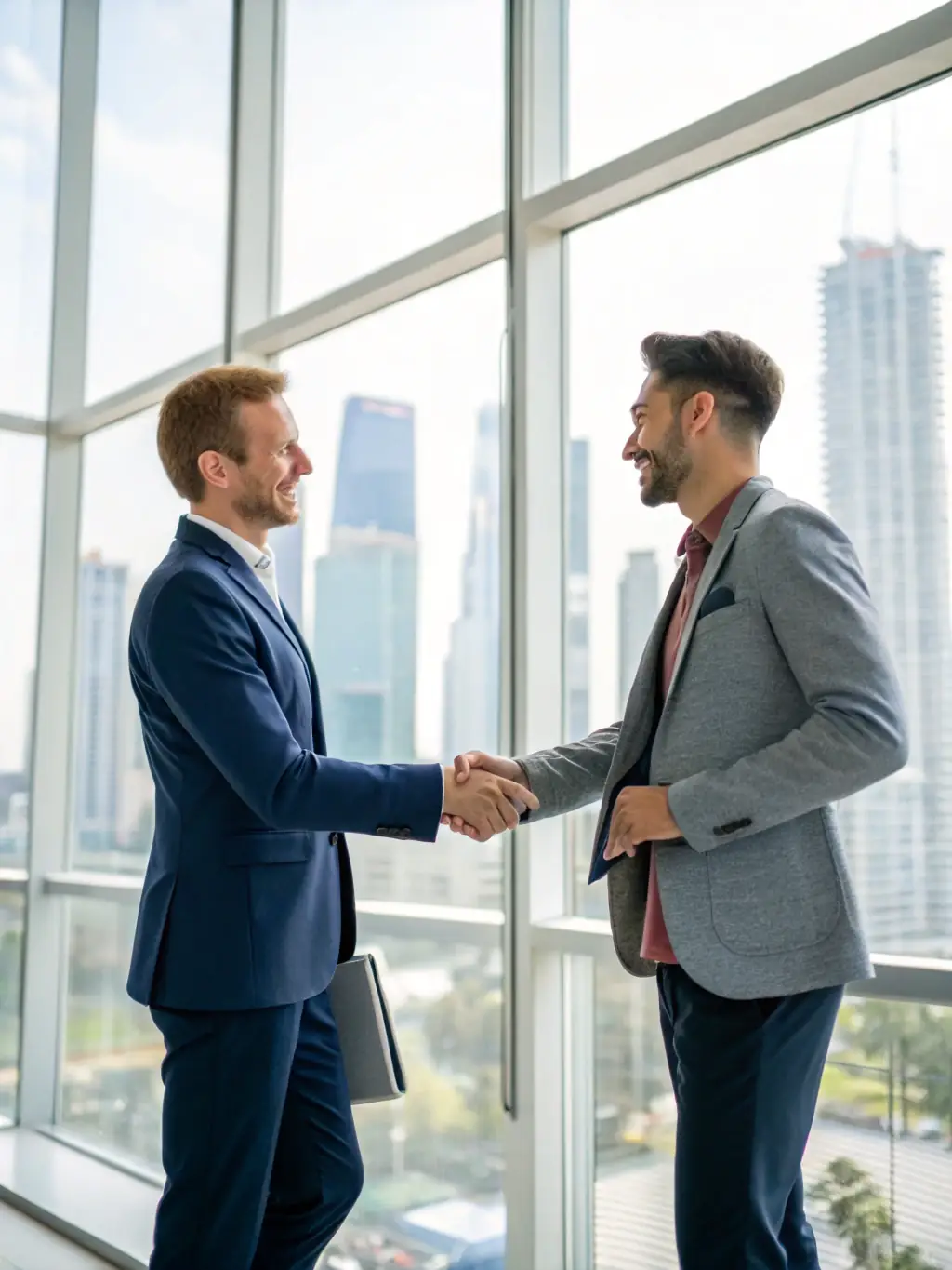 A professional businessman confidently shaking hands after a successful negotiation, symbolizing a closed deal.