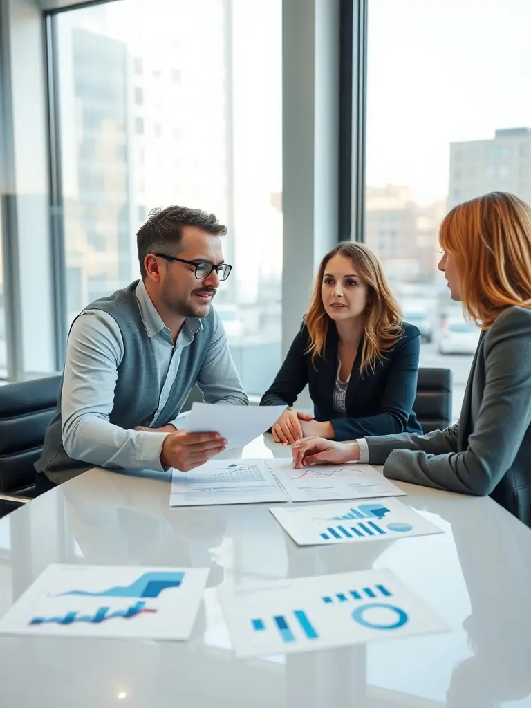 A professional setting with two individuals engaged in a focused negotiation, papers spread on the table, symbolizing strategic planning and discussion.